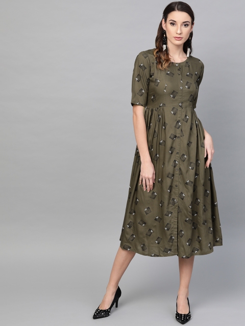 

GERUA Women Olive Green Printed Midi Empire Dress
