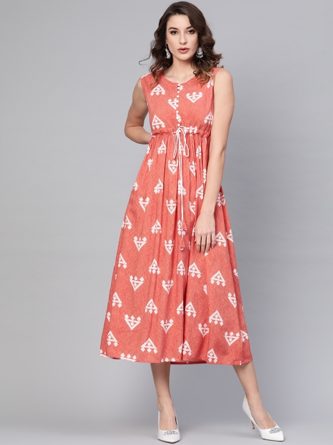 

GERUA Women Peach-Coloured & White Printed Empire Dress