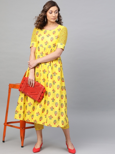 

GERUA Women Yellow & Orange Block Print Kurta with Trousers
