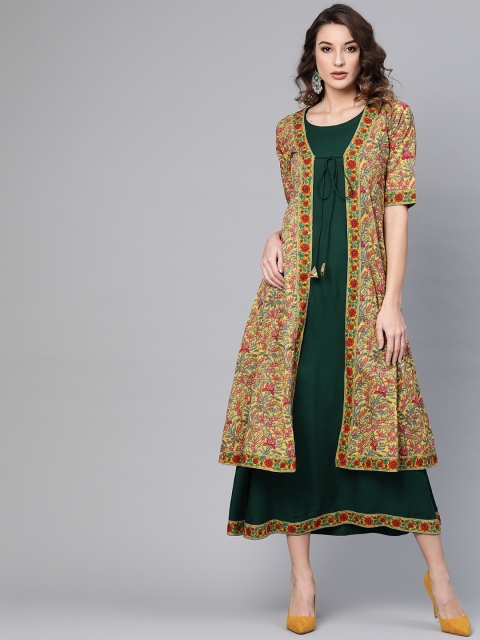 

GERUA Women Green & Mustard Yellow Solid Layered Maxi Dress