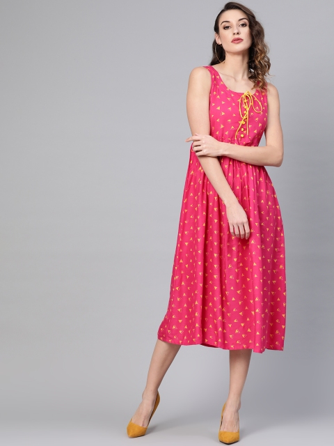 

GERUA Women Pink & Mustard Yellow Printed A-Line Dress