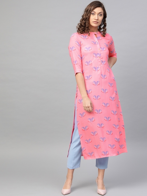 

GERUA Women Pink & Blue Printed Straight Kurta