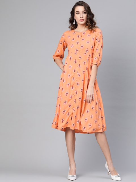 

GERUA Women Peach-Coloured & Navy Blue Printed Empire Dress