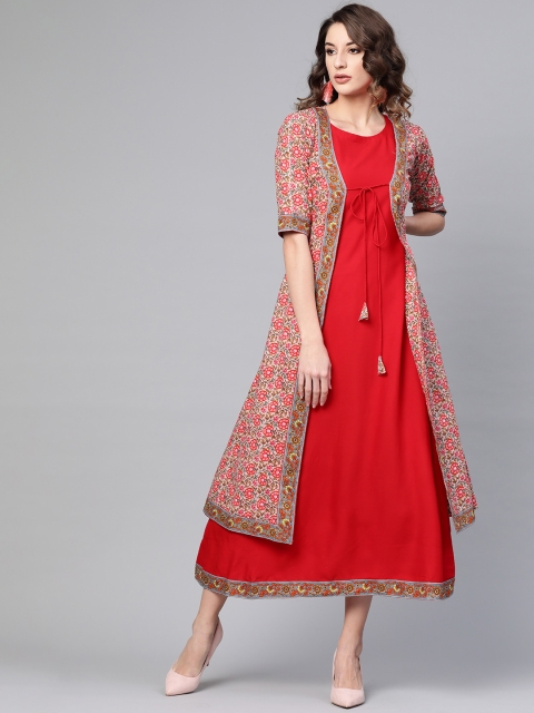 

GERUA Women Red & Pink Floral Print Layered Maxi Dress