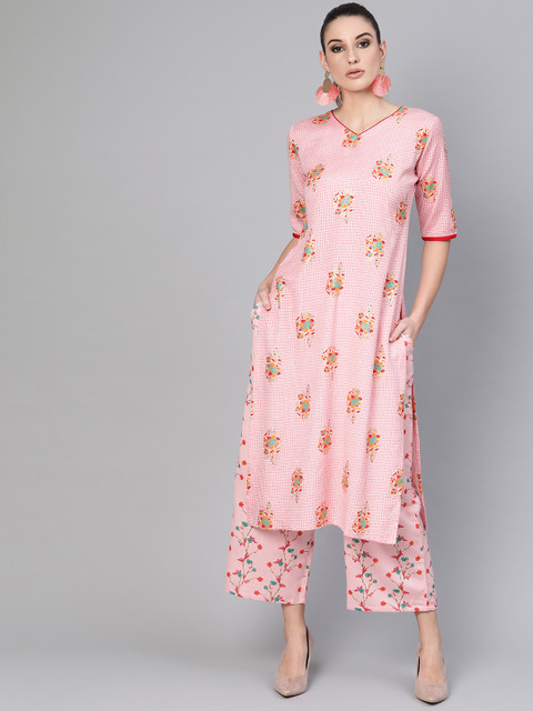 

GERUA Women Pink Block Print Kurta with Palazzos