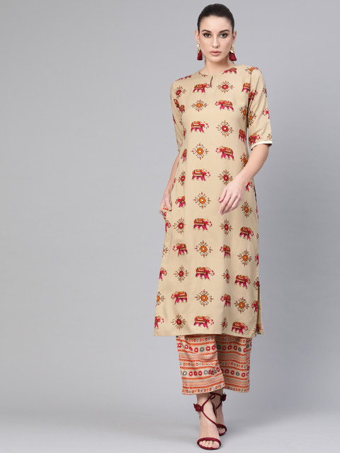 

GERUA Women Beige & Red Block Print Kurta with Palazzos