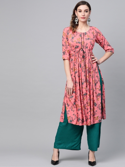 

GERUA Women Pink & Green Floral Printed A-Line Kurta