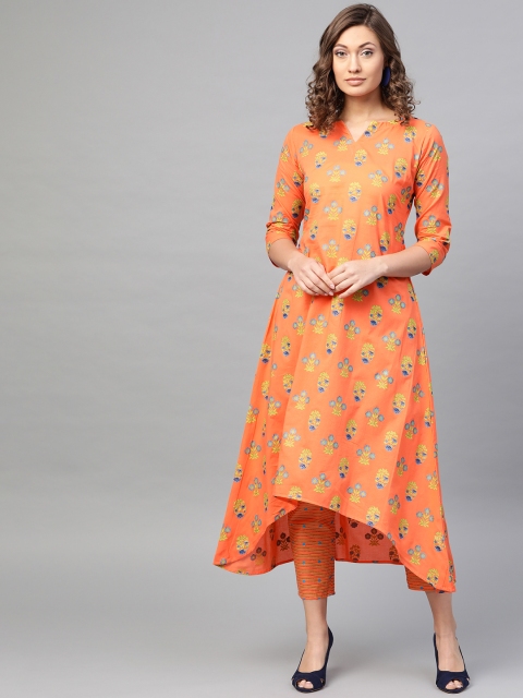 

GERUA Women Orange & Blue Block Print Kurta with Trousers