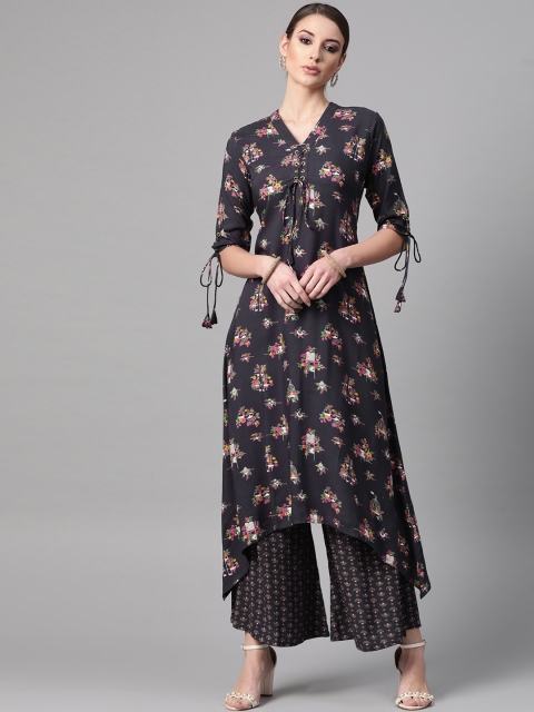 

GERUA Women Charcoal Grey & Pink Printed Kurta with Palazzos