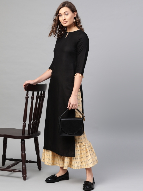 

GERUA Women Black & Beige Solid Kurta with Printed Sharara