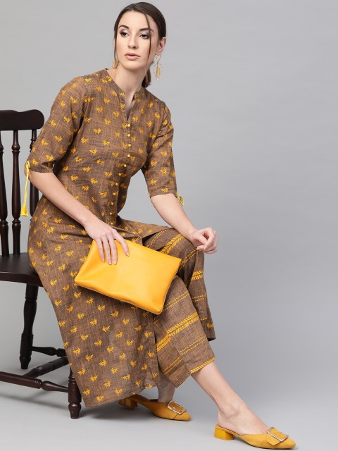 

GERUA Women Brown & Yellow Block Print Kurta with Palazzos