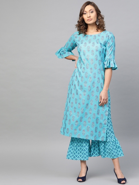 

GERUA Women Blue Block Print Kurta with Sharara