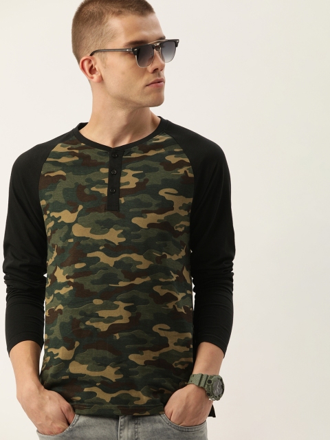

Difference of Opinion Men Green Khaki Printed Henley Neck Pure Cotton T-shirt