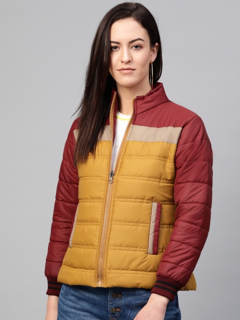 

VOXATI Women Mustard Yellow & Maroon Colourblocked Padded Jacket