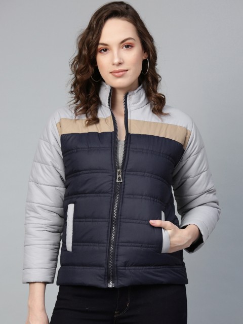 

VOXATI Women Navy Blue & Grey Colourblocked Padded Jacket