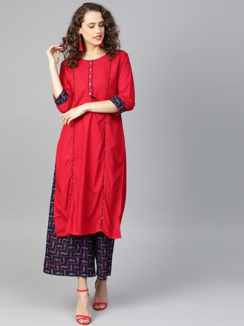 

Shree Women Red & Navy Blue Solid Kurta with Palazzos