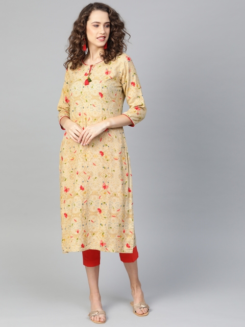 

Shree Women Beige & Pink Printed Straight Kurta