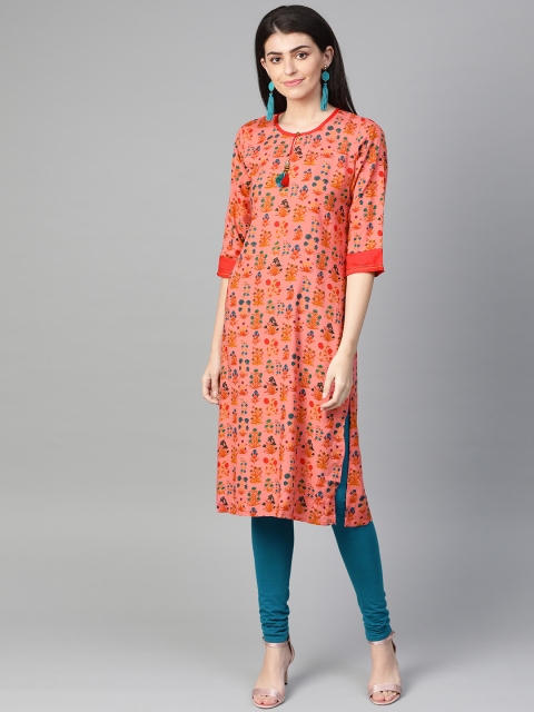 

Shree Women Peach-Coloured & Teal Blue Floral Printed Straight Kurta