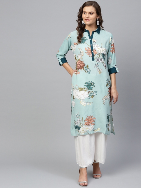 

Shree Women Blue & Peach-Coloured Floral Print Straight Kurta