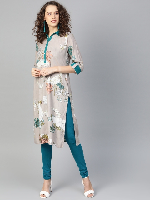 

Shree Women Grey & Off-White Floral Print Straight Kurta