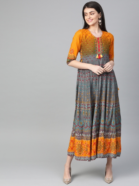 

Shree Women Mustard Yellow & Grey Printed Maxi Dress