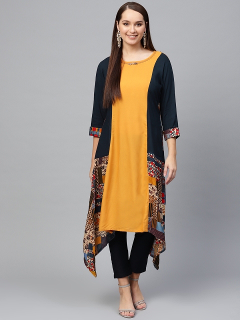 

Shree Women Mustard Yellow & Navy Blue Colourblocked Asymmetric A-Line Kurta