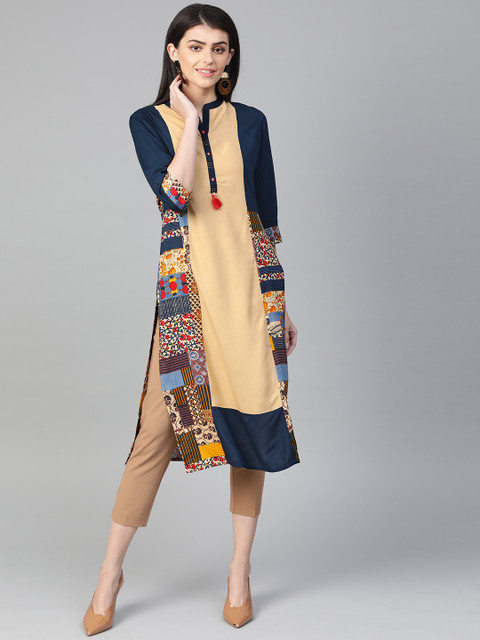 

Shree Women Beige & Navy Blue Printed Straight Kurta