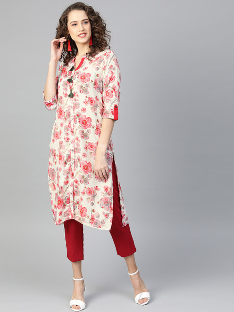 

Shree Women Off-White & Pink Floral Printed Straight Kurta