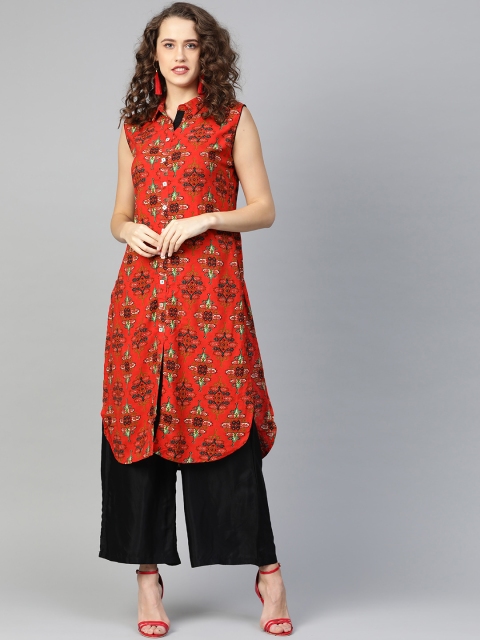 

Shree Women Coral Red & Black Printed Pathani Kurta