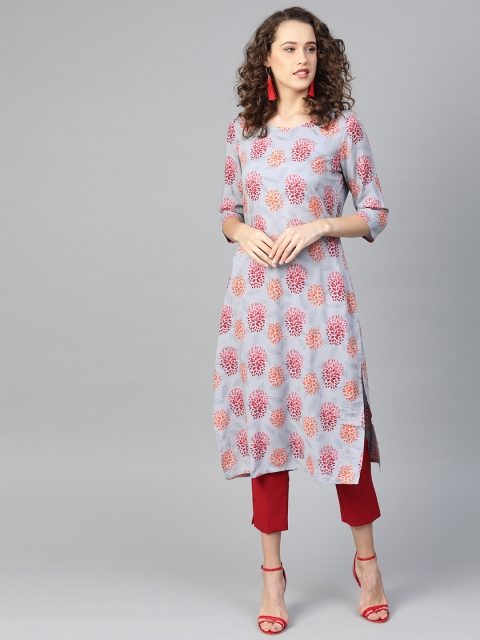 

Shree Women Grey & Maroon Printed Straight Kurta
