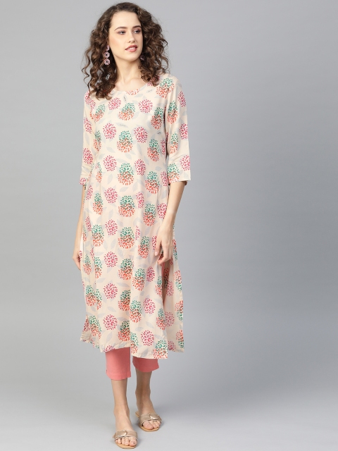 

Shree Women Off-White & Pink Printed Straight Kurta