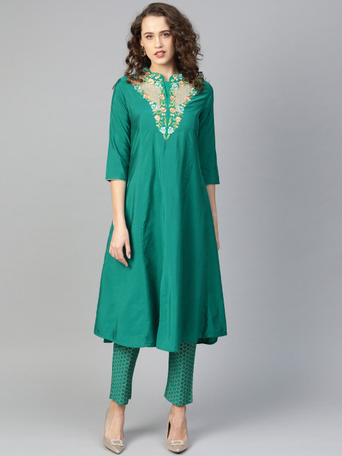 

Shree Women Green Yoke Design Kurta with Trousers