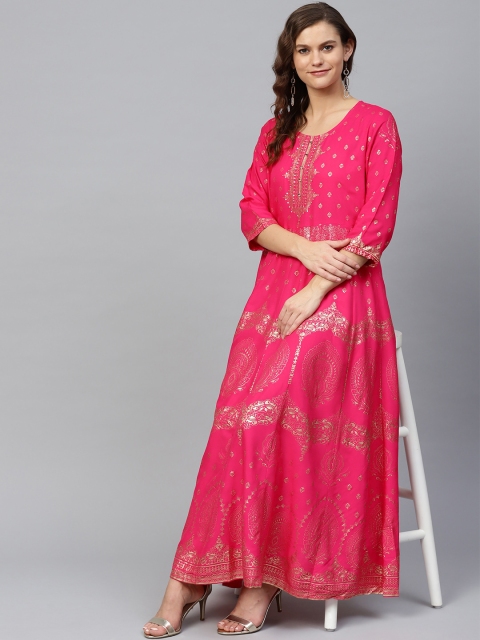 

Shree Women Pink & Golden Foil Print Maxi Dress