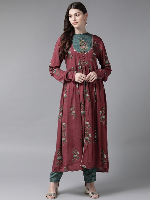 

Shree Women Maroon & Green Printed Kurta with Trousers & Crop Top