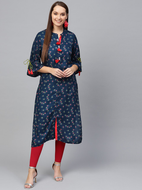 

Shree Women Navy Blue & Red Printed Straight Kurta