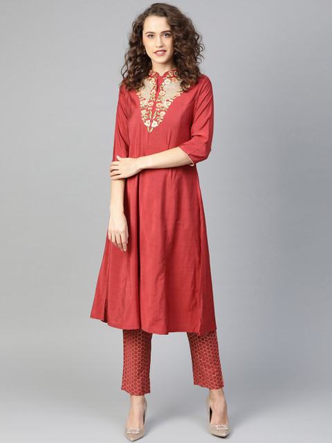 

Shree Women Rust Yoke Design Kurta with Trousers