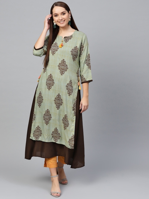 

Shree Women Green & Brown Printed Layered A-Line Kurta