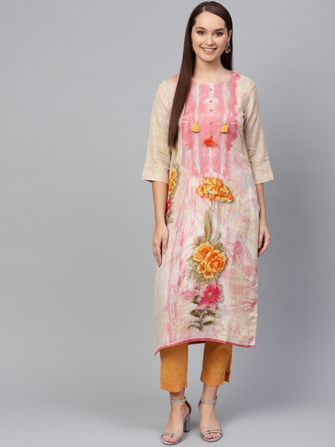 

Shree Women Beige & Pink Floral Print Straight Kurta