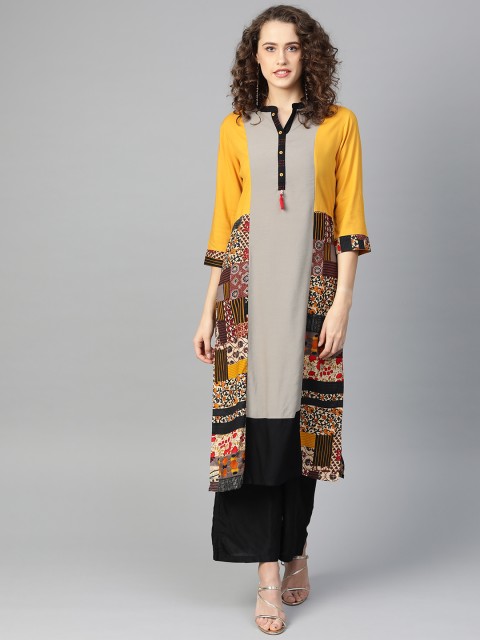 

Shree Women Grey & Mustard Yellow Printed Straight Kurta