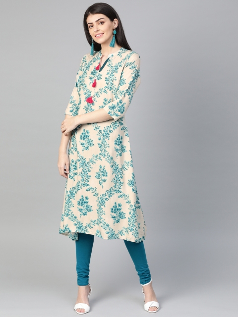 

Shree Women Off-White & Teal Blue Printed A-Line Kurta