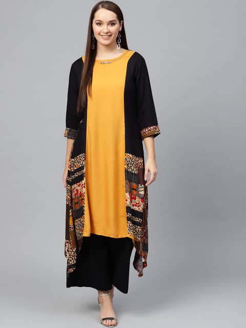 

Shree Women Mustard Yellow & Black Printed A-Line Asymmetric Kurta