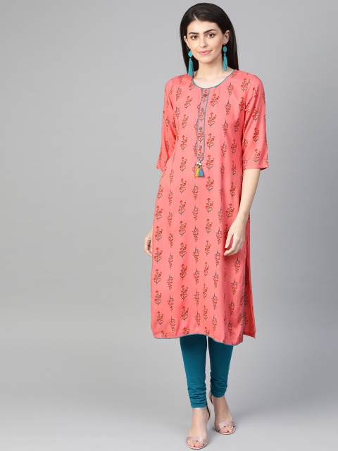 

Shree Women Pink & Red Printed Straight Kurta