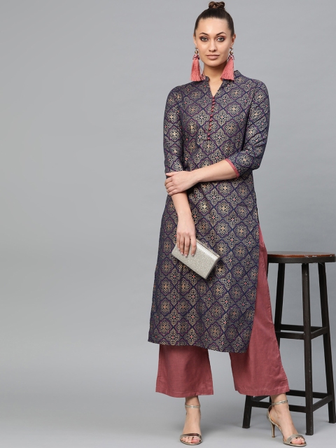 

Indo Era Women Navy Blue & Mauve Foil Print Kurta with Palazzos