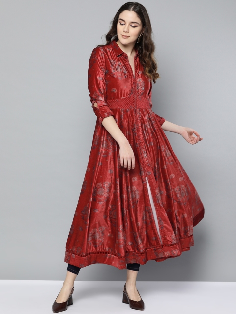 

Ritu Kumar Women Red & Grey Velvet Finish Printed Anarkali Kurta