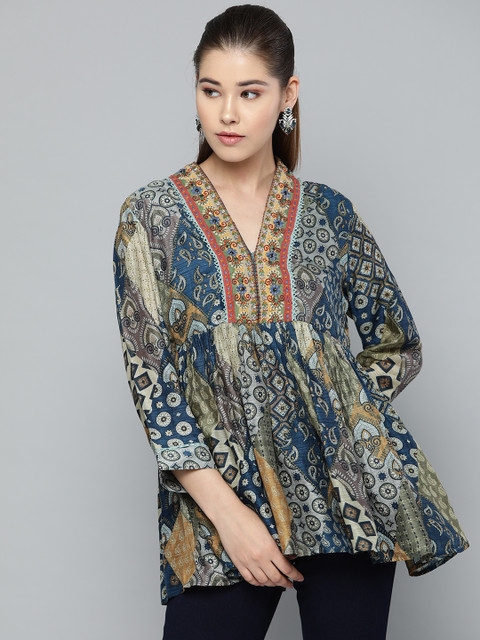 

Ritu Kumar Women Navy Blue & Green Printed A-Line Kurti