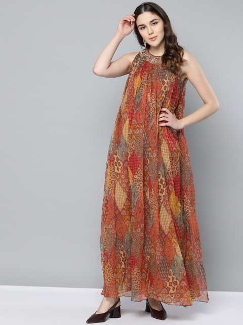 

Ritu Kumar Women Rust Red & Beige Printed Maxi Dress
