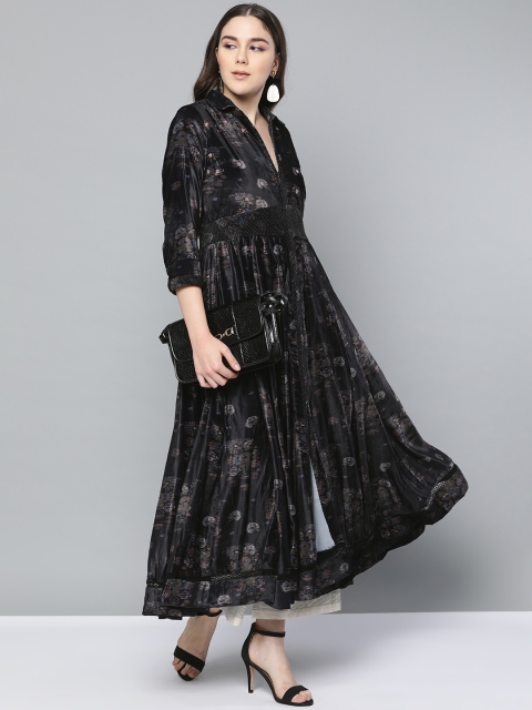 

Ritu Kumar Women Black & Grey Velvet Finish Printed Anarkali Kurta