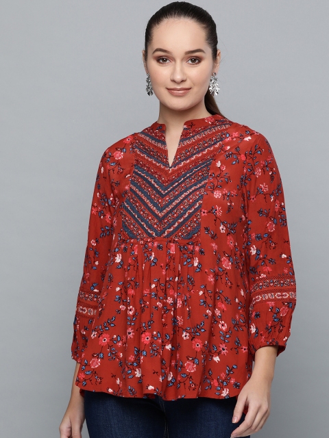 

Label Ritu Kumar Women Maroon & Blue Floral Printed Top