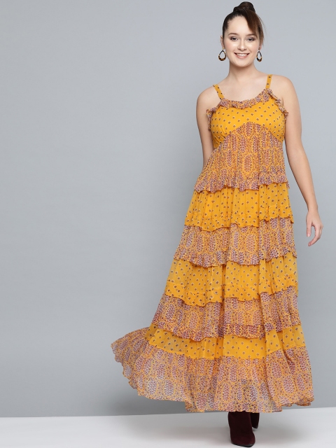 

Label Ritu Kumar Women Mustard Yellow & Red Printed Tiered Maxi Dress