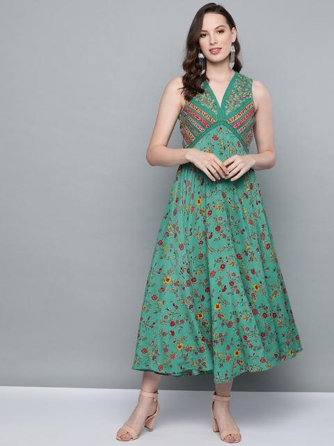 

Label Ritu Kumar Women Green & Pink Floral Print Maxi Dress